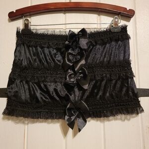 Womens Black Satin Lace Tiered Bow Gothic Lolita Festival Mini Skirt Size 4XL